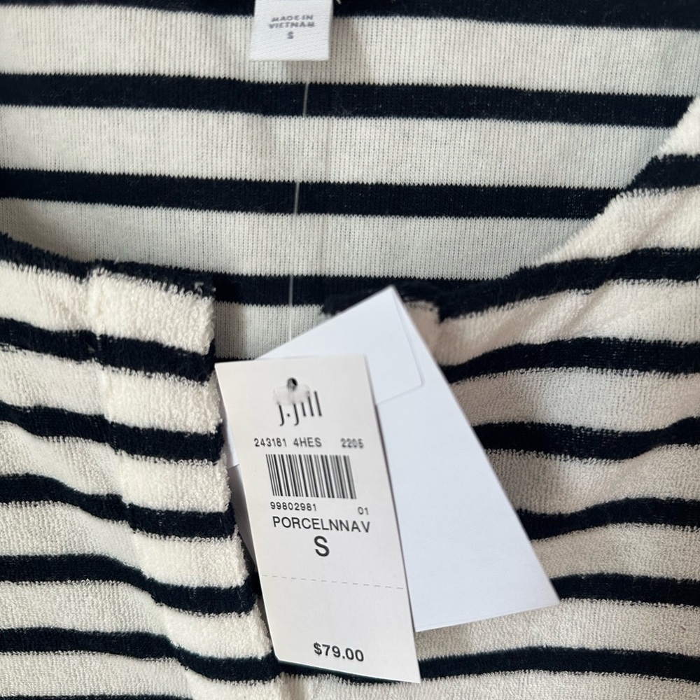NWT J.Jill Navy/White Stripe Terry Pullover w Kangaroo Pocket SZ S - Super Cute! - Picture 2 of 9